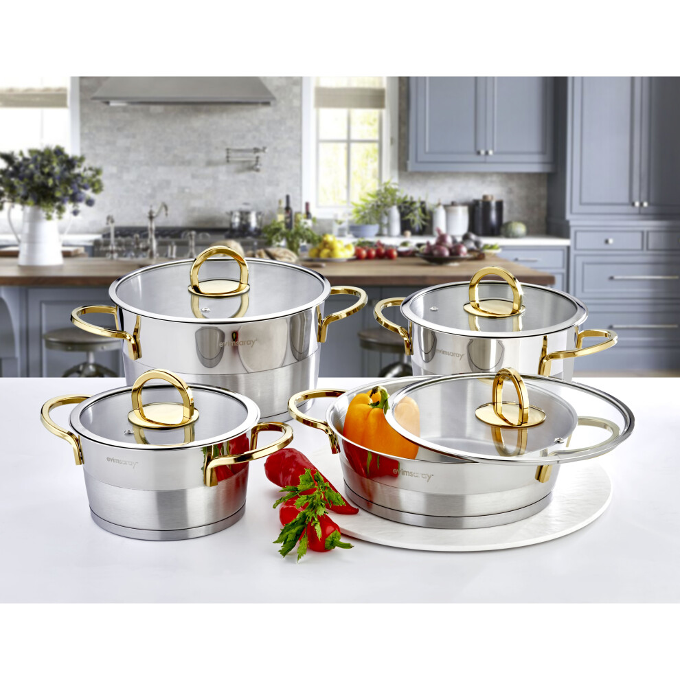 Evimsaray Elit Series 8-piece Cookware Set (Gold Handles) - Silver