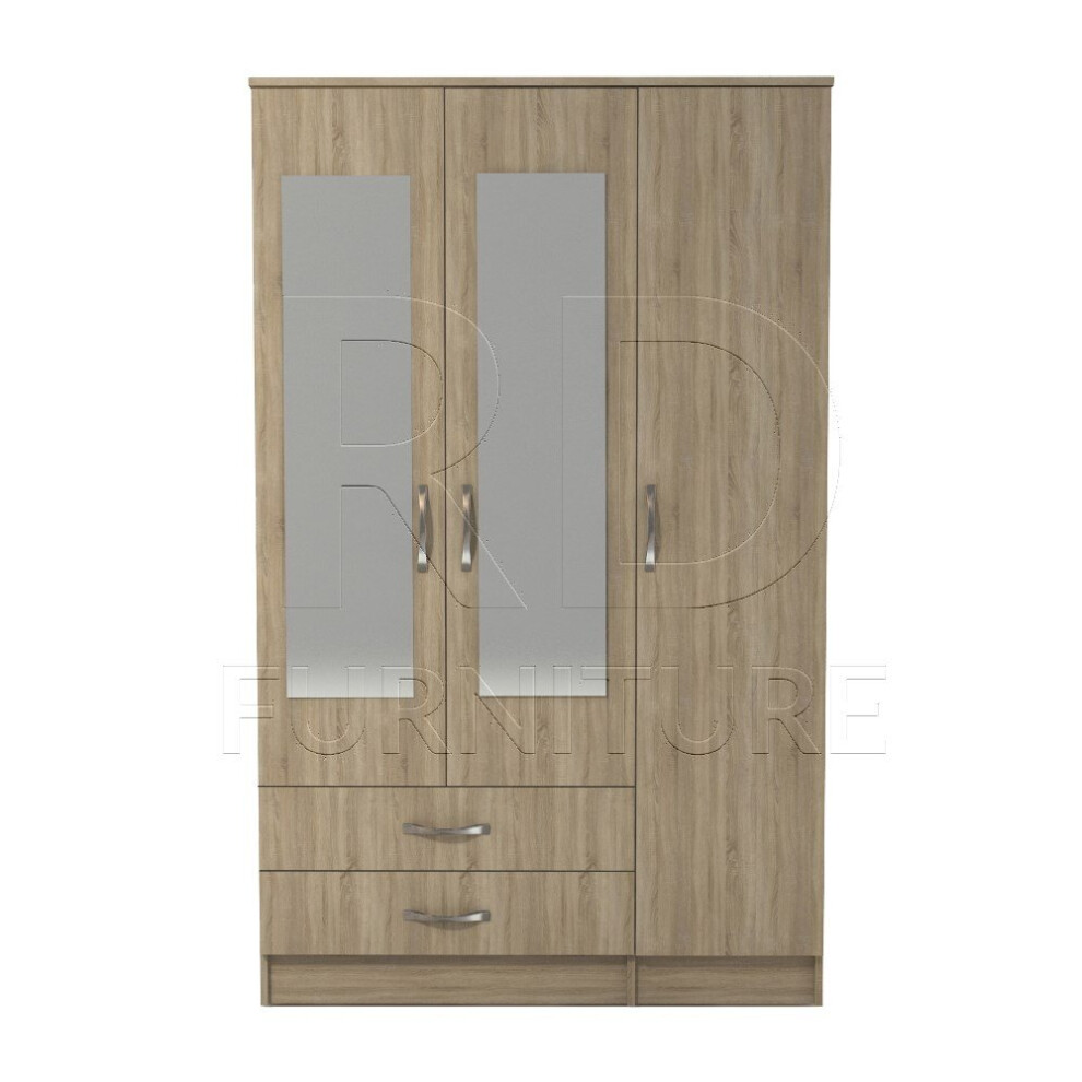 Ready assembled Classic 3 Door 2 Drawer Mirrored Wardrobe Oak