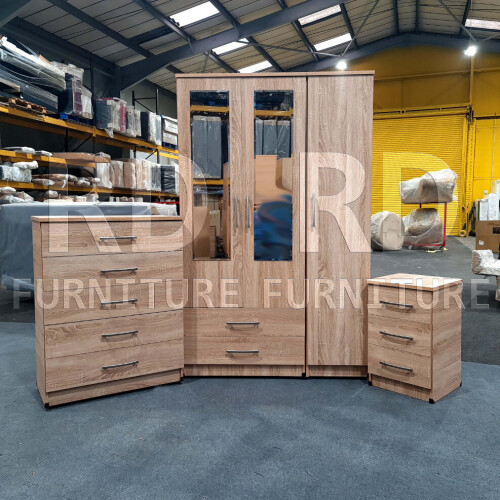 RD Furniture Ready assembled Classic 3 Door 2 Drawer Mirrored Wardrobe Oak 1