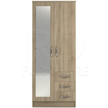 Fully Assembled Classic Oak Wardrobe with Full-Length Mirror - 2-Door, 3 Slim Drawers, Castors, Top Shelf & Rail