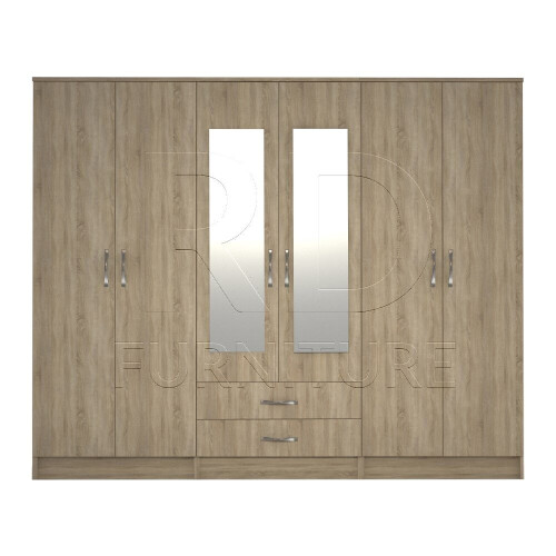 RD Furniture Ready assembled Classic 6 Door Mirrored Wardrobe Oak