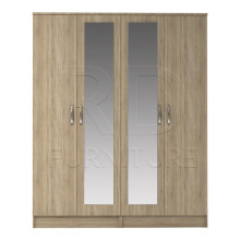 Ready assembled Classic 4 Door Double Mirrored Wardrobe Oak