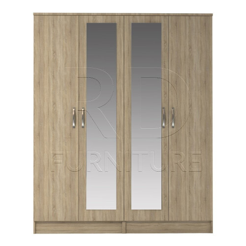 RD Furniture Ready assembled Classic 4 Door Double Mirrored Wardrobe Oak