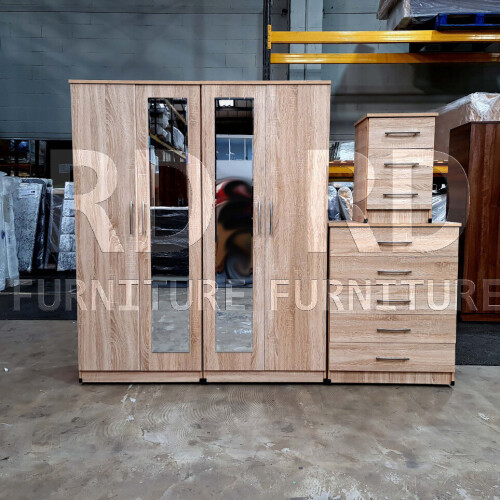 RD Furniture Ready assembled Classic 4 Door Double Mirrored Wardrobe Oak 1