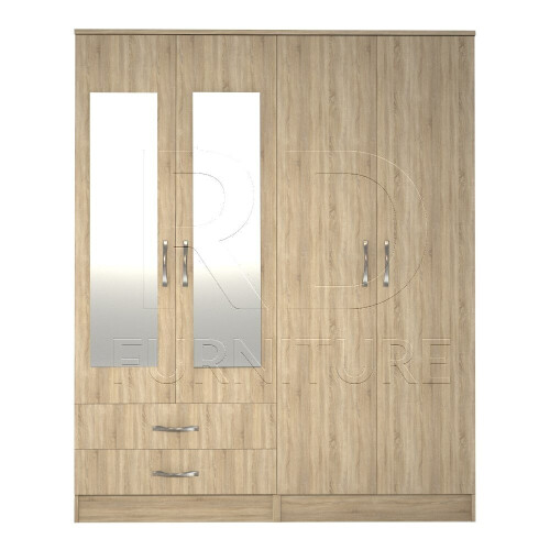 RD Furniture Ready assembled Classic 4 Door 2 Drawer Mirrored Wardrobe Oak
