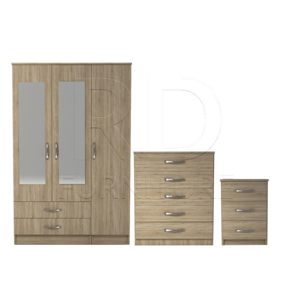 Ready assembled 3 Pcs Classic 3 Door 2 Drawer Mirrored Wardrobe, Chest And Bedside Set Oak