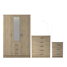 Ready assembled 3 Pcs Classic 3 Door 3 Drawer Combi Mirrored Wardrobe, Chest And Bedside Set Oak