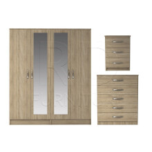 Ready assembled 3 Pcs Classic 4 Door Double Mirrored Wardrobe, Chest And Bedside Set Oak