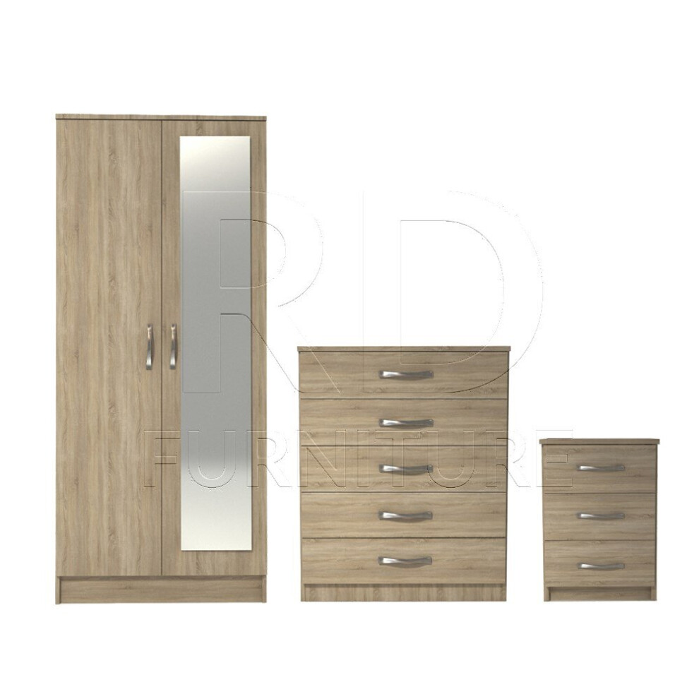 Ready assembled 3 Pcs Classic 2 Door Mirrored Wardrobe, chest And Bedside Set Oak