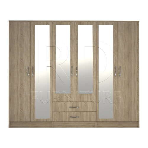 RD Furniture Ready assembled Classic 6 Door 4 Mirror Wardrobe Oak