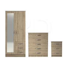 Ready assembled 3 Pcs Classic 2 Door Mirrored Combi Wardrobe, Chest And Bedside Set Oak