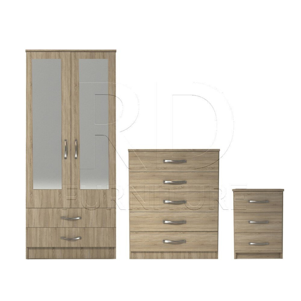 Ready assembled 3 Pcs Classic 2 Door 2 Drawer Mirrored Wardrobe, Chest And Bedside Set Oak