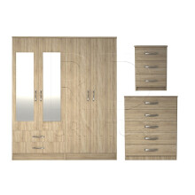 Ready assembled 3 Pcs Classic 4 Door 2 Drawer Mirrored Wardrobe, Chest And Bedside Set Oak