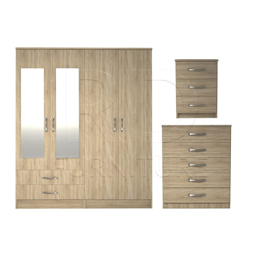 Ready assembled 3 Pcs Classic 4 Door 2 Drawer Mirrored Wardrobe, Chest And Bedside Set Oak