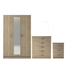 Ready assembled 3 Pcs Classic 3 Door Mirrored Wardrobe, Chest And Bedside Set Oak