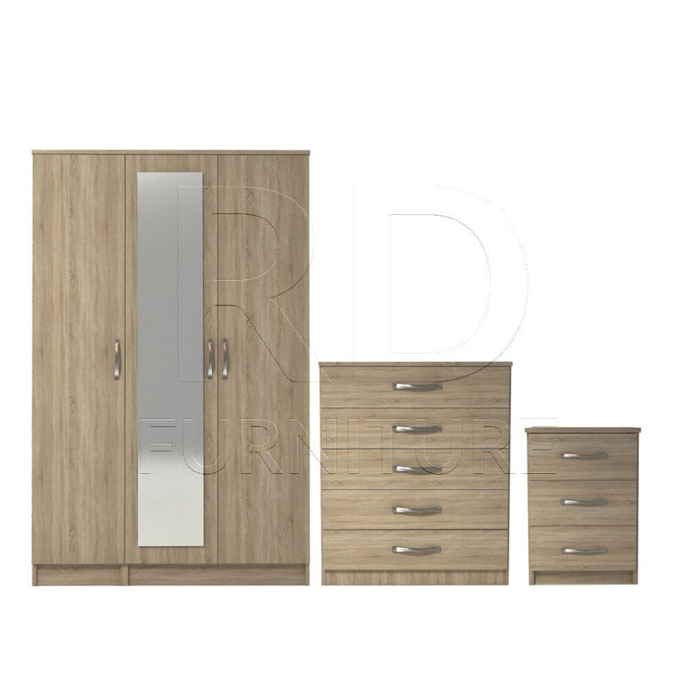 Rd Furniture Ready Assembled 3 Pcs Classic 3 Door Mirrored Wardrobe, Chest And Bedside Set Oak