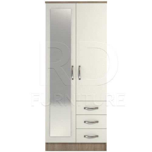 RD Furniture Ready assembled Classic 2 Door 3 Drawer Combi Mirrored Wardrobe Oak And White