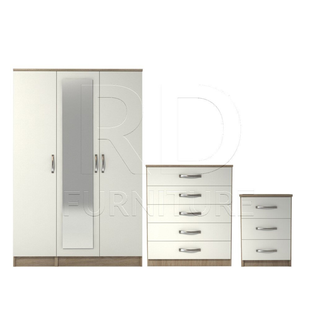 Ready assembled 3 Pcs Classic 3 Door Mirrored Wardrobe, Chest And Bedside Set Oak And White