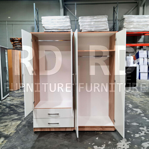RD Furniture Ready assembled Classic 4 Door 2 Drawer Mirrored Wardrobe Oak And White 1