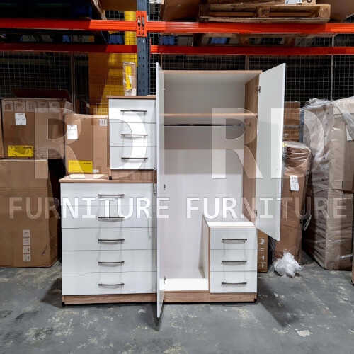 RD Furniture Ready assembled Classic 2 Door 3 Drawer Combi Mirrored Wardrobe Oak And White 2