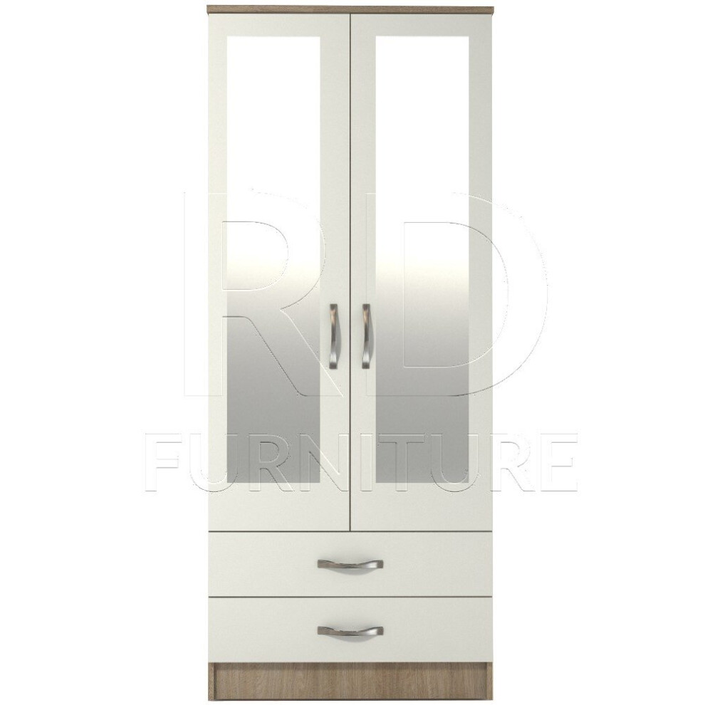 Ready assembled Classic 2 Door 2 Drawer Mirrored Wardrobe Oak And White