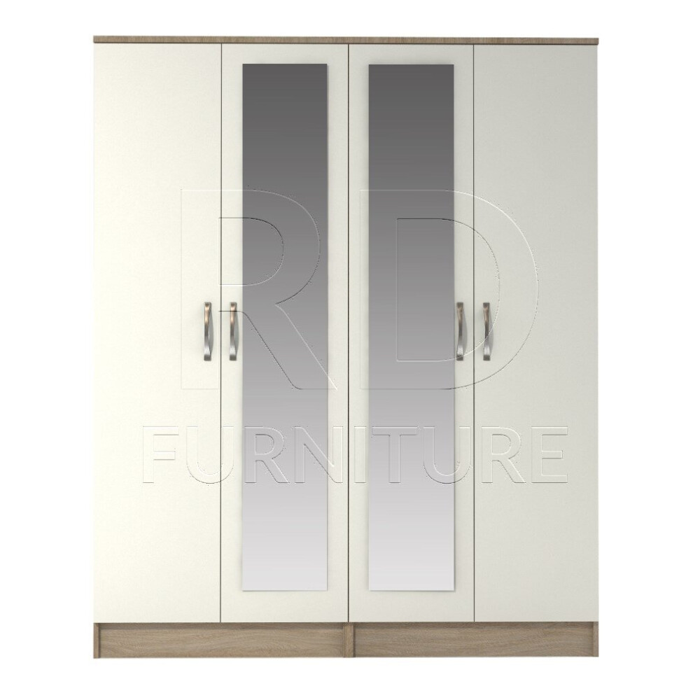 Ready assembled Classic 4 Door Double Mirrored Wardrobe Oak And White