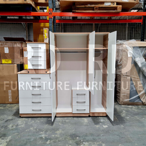 RD Furniture Ready assembled Classic 3 Door 3 Drawer Combi Mirrored Wardrobe Oak And White 2