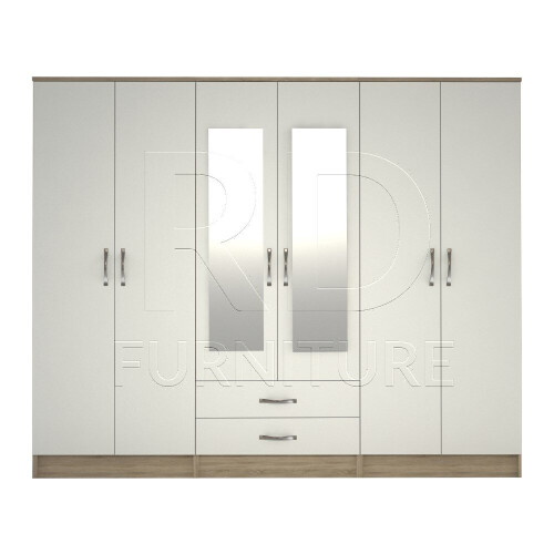RD Furniture Ready assembled Classic 6 Door Mirrored Wardrobe Oak And White