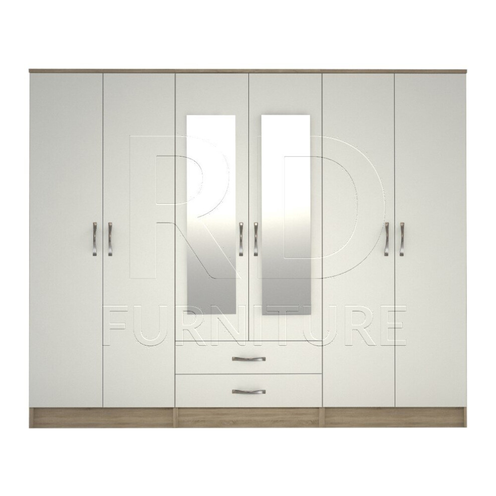 Ready assembled Classic 6 Door Mirrored Wardrobe Oak And White