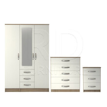 Ready assembled 3 Pcs Classic 3 Door 3 Drawer Combi Mirrored Wardrobe, Chest And Bedside Set Oak And White