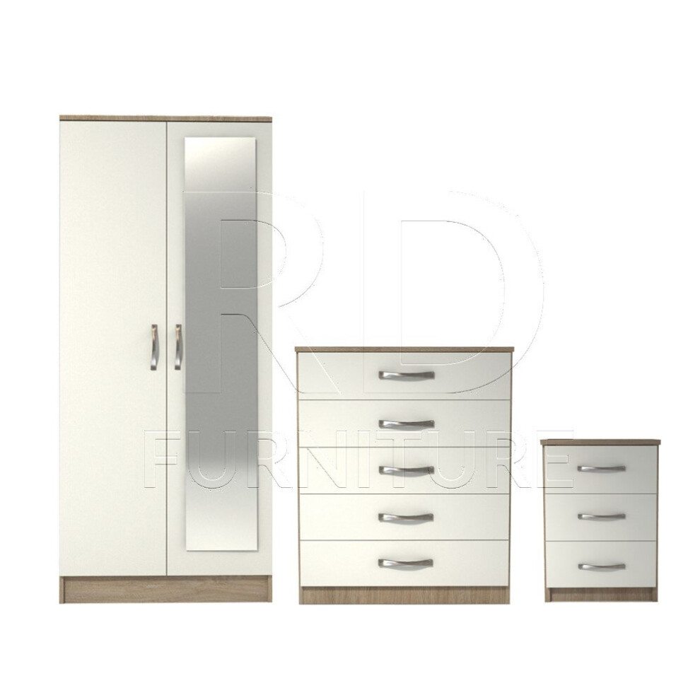 Ready assembled 3 Pcs Classic 2 Door Mirrored Wardrobe, chest And Bedside Set Oak And White