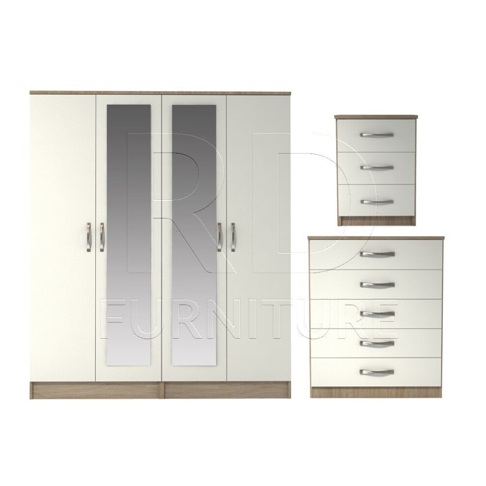 Ready assembled 3 Pcs Classic 4 Door Double Mirrored Wardrobe, Chest And Bedside Set Oak And White