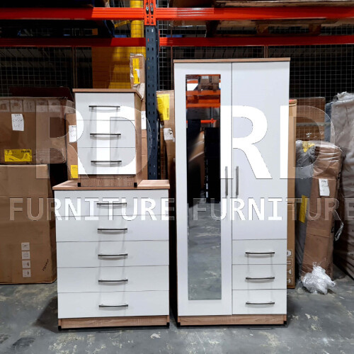 RD Furniture Ready assembled Classic 2 Door 3 Drawer Combi Mirrored Wardrobe Oak And White 1
