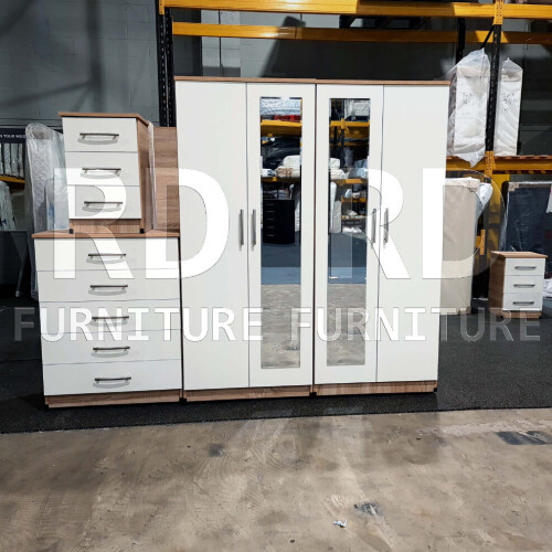 RD Furniture Ready assembled Classic 4 Door Double Mirrored Wardrobe Oak And White 1