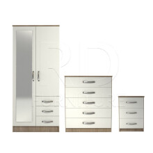 Ready assembled 3 Pcs Classic 2 Door Mirrored Combi Wardrobe, Chest And Bedside Set Oak And White