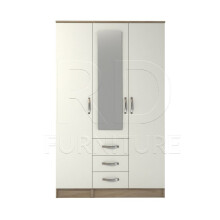 Ready assembled Classic 3 Door 3 Drawer Combi Mirrored Wardrobe Oak And White