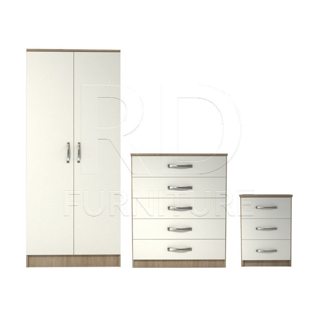 Ready assembled 3 Pcs Classic 2 Door Wardrobe, Chest And Bedside Set Oak And White