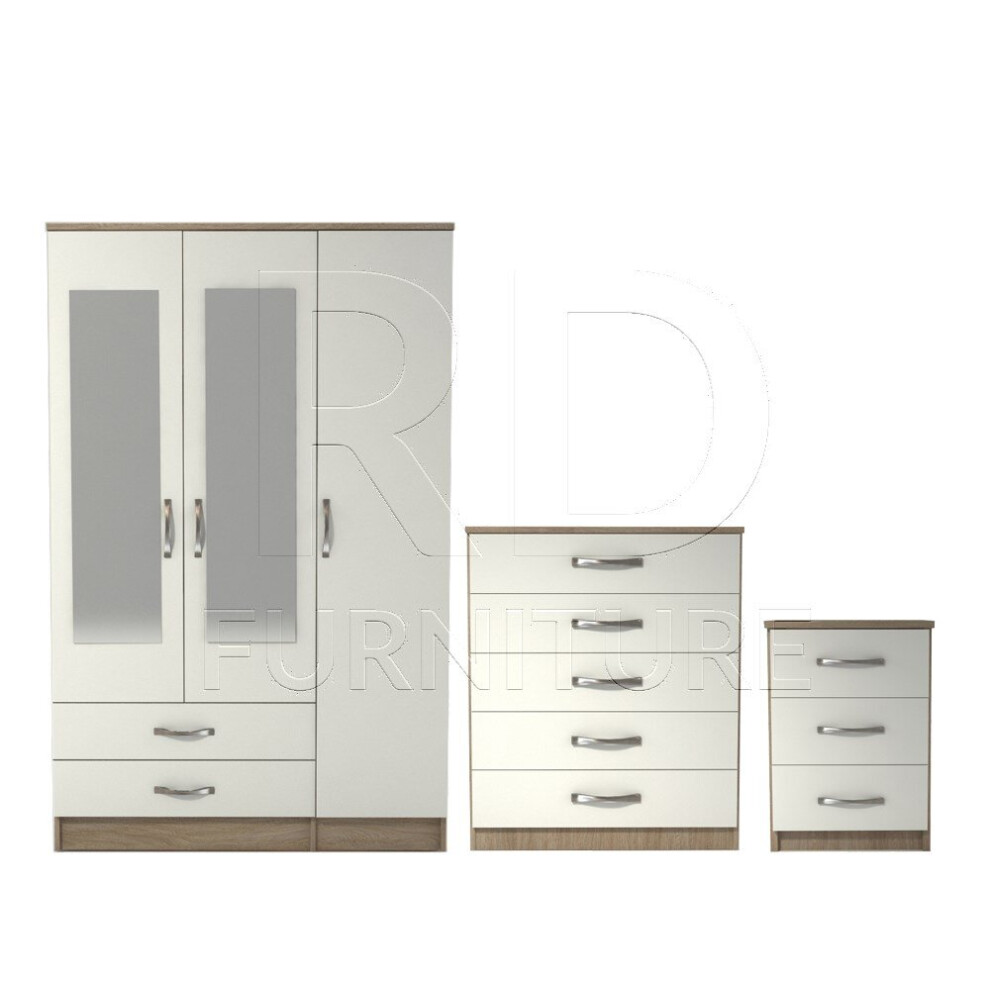 Ready assembled 3 Pcs Classic 3 Door 2 Drawer Mirrored Wardrobe, Chest And Bedside Set Oak And White