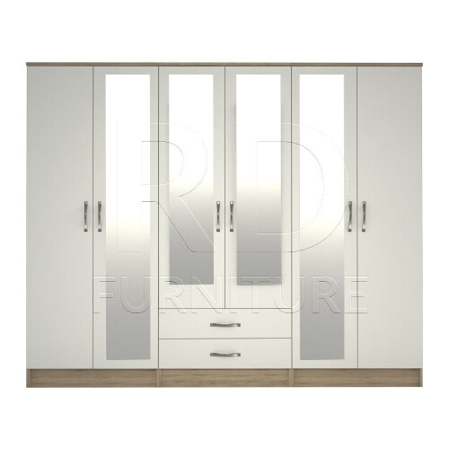RD Furniture Ready assembled Classic 6 Door 4 Mirror Wardrobe Oak And White