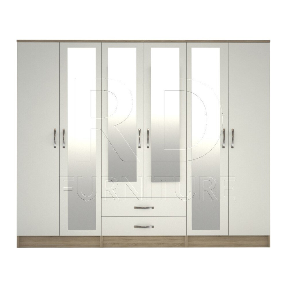 Ready assembled Classic 6 Door 4 Mirror Wardrobe Oak And White-image-OPC-P8KHFPG-NEW