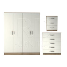 Ready assembled 3 Pcs Classic 4 Door Wardrobe, Chest and Bedside set Oak And White