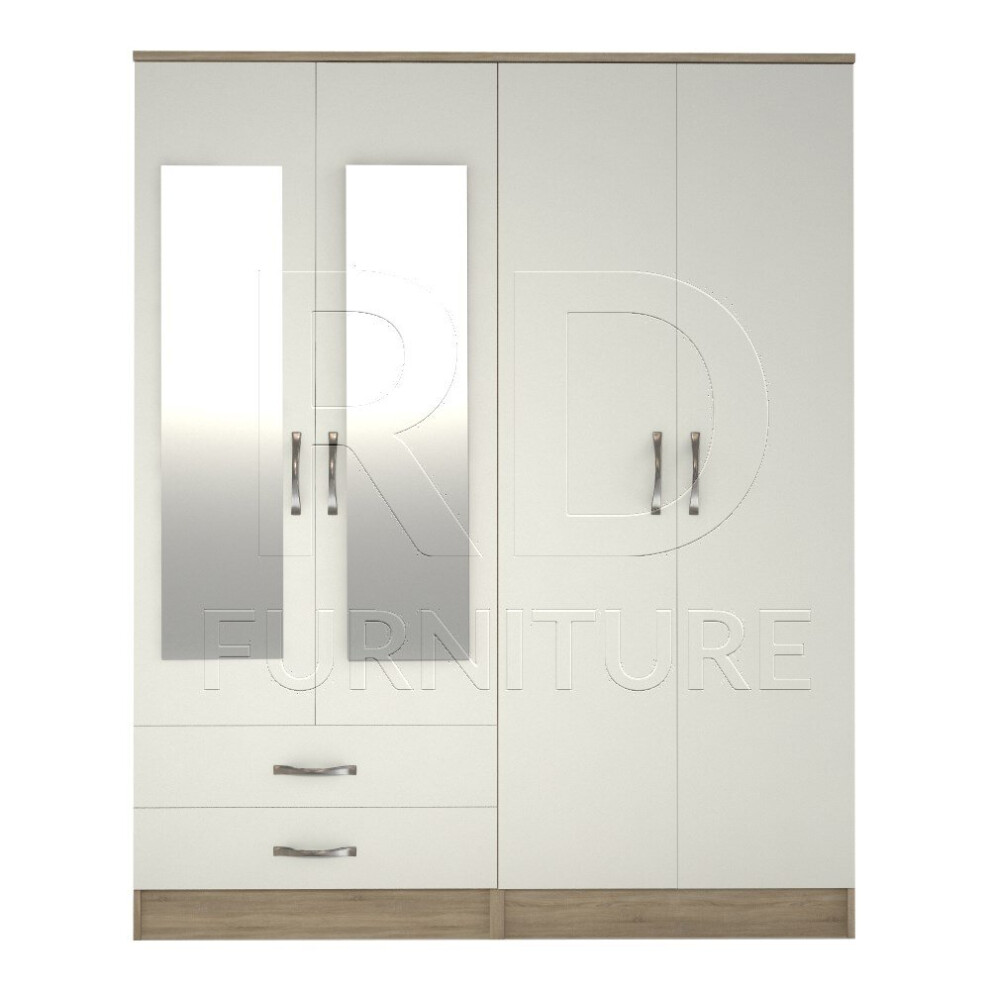 Ready assembled Classic 4 Door 2 Drawer Mirrored Wardrobe Oak And White