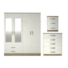 Ready assembled 3 Pcs Classic 4 Door 2 Drawer Mirrored Wardrobe, Chest And Bedside Set Oak And White