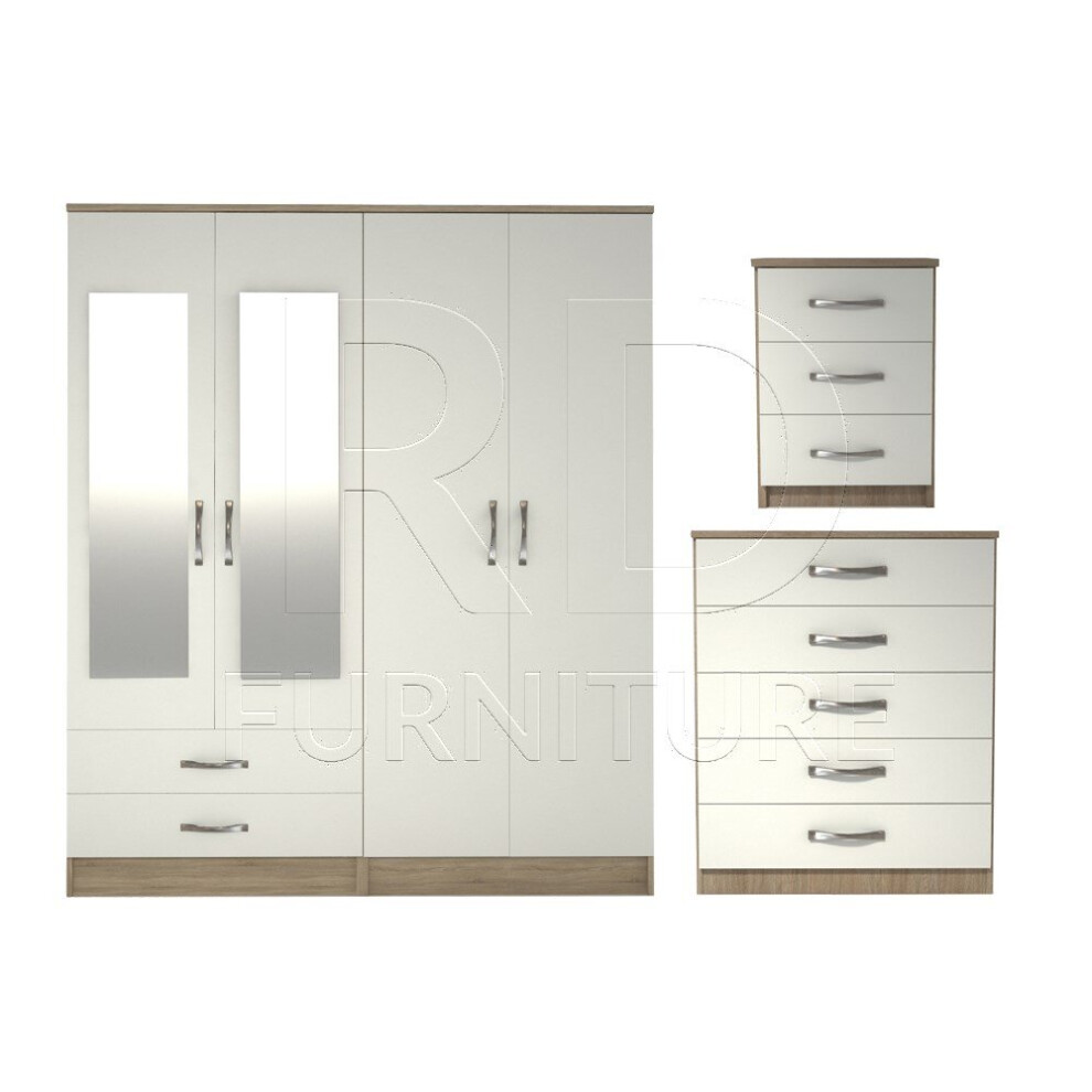 Ready assembled 3 Pcs Classic 4 Door 2 Drawer Mirrored Wardrobe, Chest And Bedside Set Oak And White