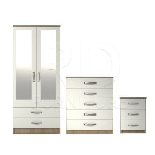 Ready assembled 3 Pcs Classic 2 Door 2 Drawer Mirrored Wardrobe, Chest And Bedside Set Oak And White