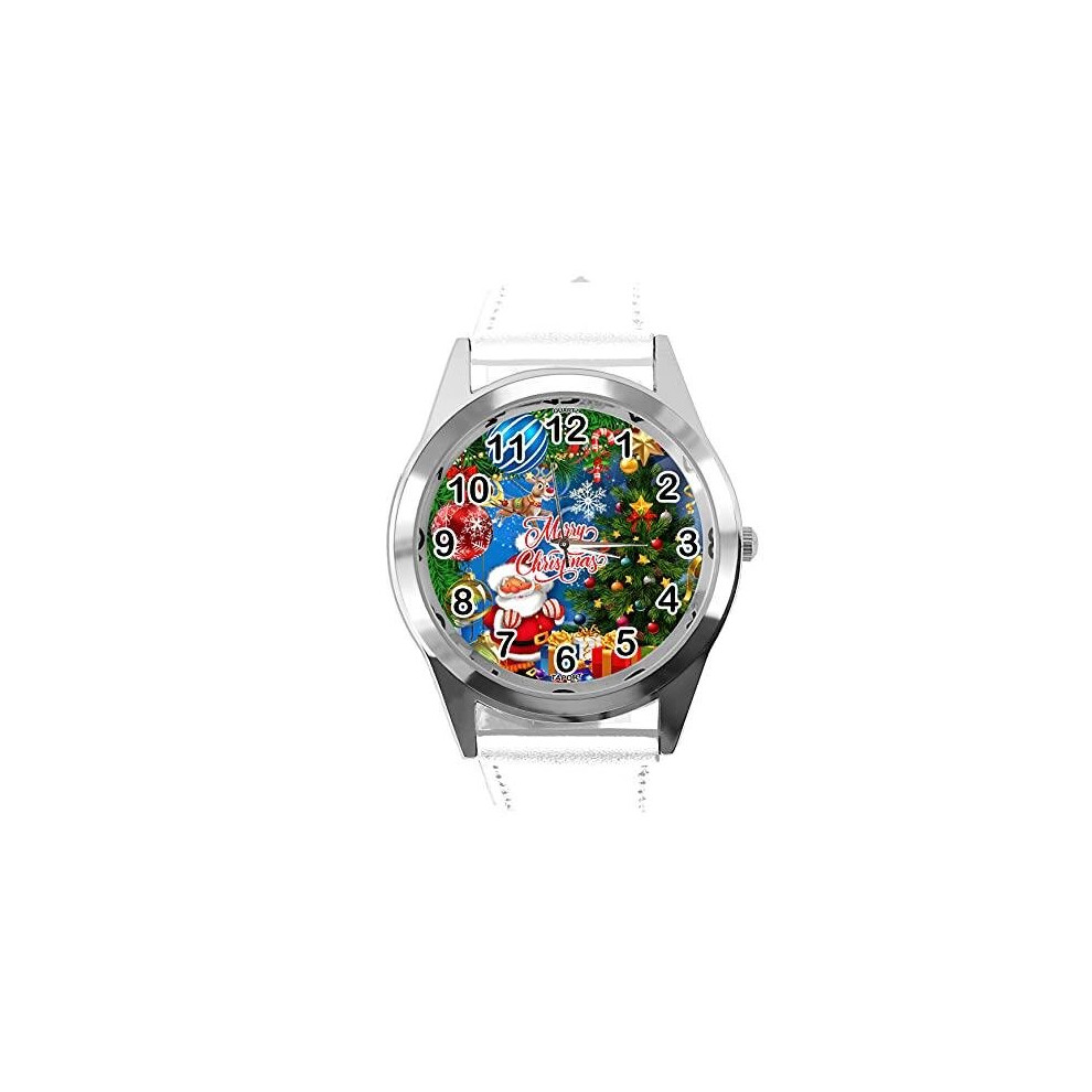 Taport White Leather Round Quartz Watch For Christmas Fans E1 Blue
