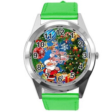 TAPORT Green Leather Round Quartz Watch for Christmas Fans E1