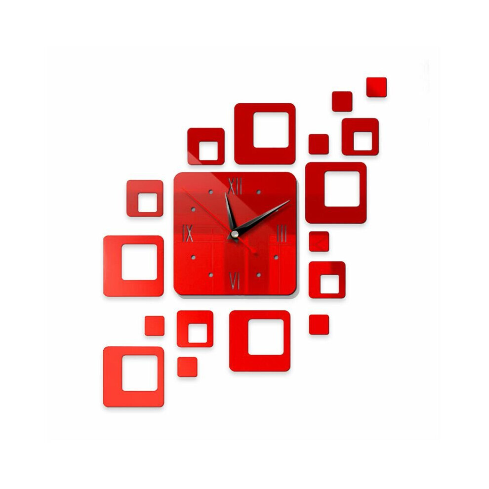 (Red) Large 3D DIY Wall Clock Mirror Surface Sticker Art Design Office Home Decor