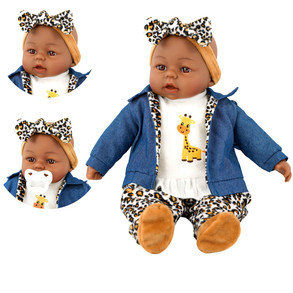 (Ethnic Girl Doll In Animal Print) The Magic Toy Shop 18" Lifelike Large Soft Bodied Baby Doll Girl Boy Toy With Dummy & Sounds