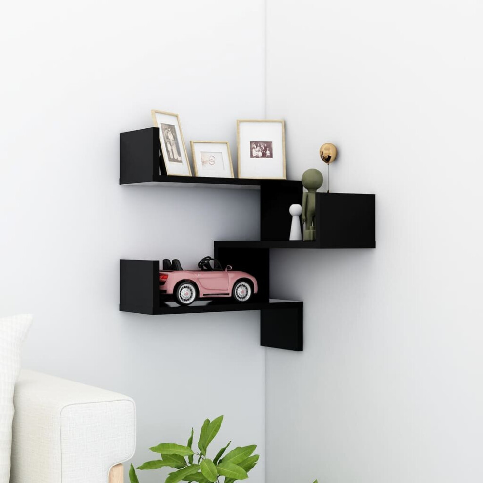 vidaXL Wall Corner Shelf Black Chipboard Home Wall-Mounted Hanging Shelf Unit